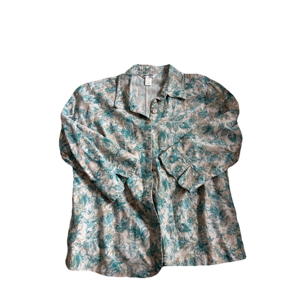 Christopher & Banks Linen Blend Paisley Shirt Jacket Teal Blue Tan Floral Size M
